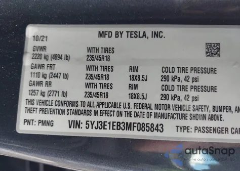 2021 Tesla Model 3 Long Range Dual Motor All-Wheel Drive from USA, damaged, VIN 5YJ3E1EB3MF085843